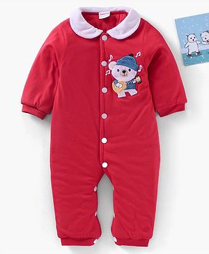 Babyhug Full Sleeves Romper Bear Embroidery - Red