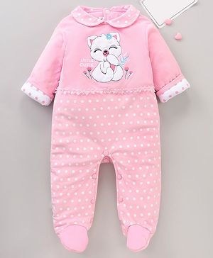 Babyhug Woven Full Sleeves Rompers Kitty Applique - Pink