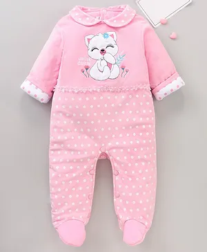 Babyhug Woven Full Sleeves Rompers Kitty Applique - Pink