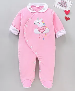 Babyhug Cotton Woven Full Sleeves Unicorn Patch Romper - Pink