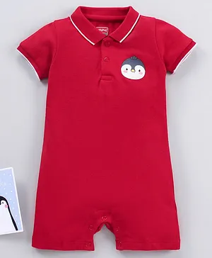 Babyhug Cotton Knit Half Sleeves Penguin Print Romper - Red