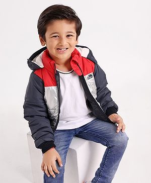 Babyhug Full Sleeves Color Block Hooded Fashion Heavy Winter Jacket - Silver Red Blue