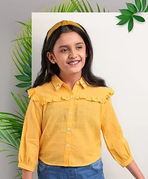 Arias 100% Cotton Textured Solid Shirt with Hand Embroidery - Yellow