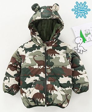 Babyhug Full Sleeves Woven Hooded Padded Jacket Dino Print - Green
