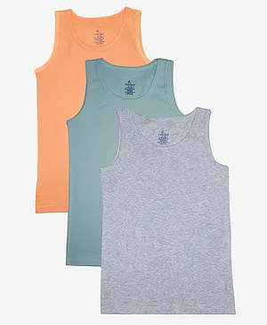 Kiddopanti Pack Of 3 Sleeveless Solid Vests - Green Grey Saffron