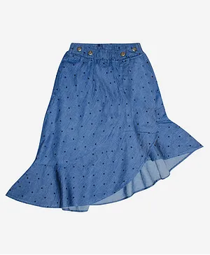 Kiddopanti Polka Dot Print Asymmetrical Ruffle Denim Skirt - Indigo Blue