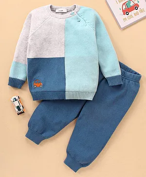 Babyoye 100% Cotton Knit Full Sleeves Sweater Set Colour Block Design - Blue