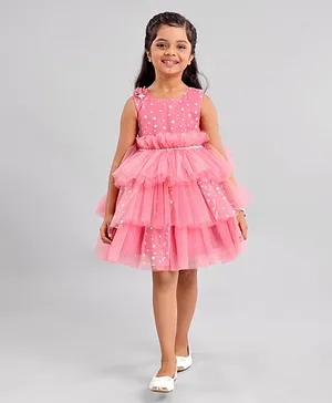 Enfance Sleeveless Polka Dots Embellished Ruffled & Flared Party Dress - Pink
