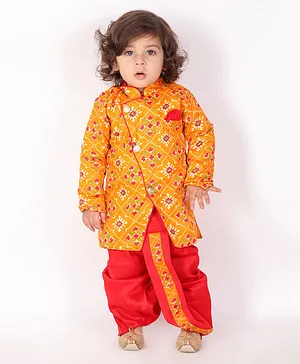 KID1 Full Sleeves Sherwani With Prined Dhoti - Yellow