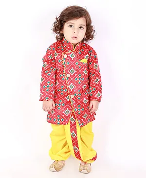 KID1 Full Sleeves Sherwani With Prined Dhoti - Red