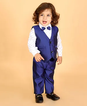 KID1 Full Sleeves Shirt With Solid Waistcoat & Bow Tie - Blue