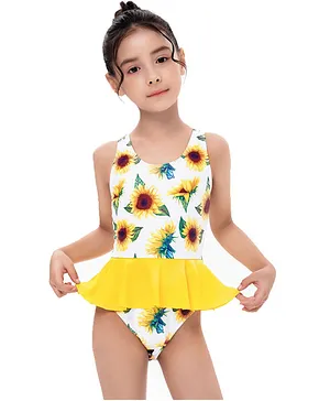 Kookie Kids Sleeveless V Cut Swimsuit Floral Print - Yellow