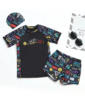 Kookie Kids Half Sleeves 2 Piece Swimsuit With Cap & Multi Print - Black