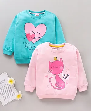 Babyhug Full Sleeves Sweatshirts Cat & Heart Print Pack of 2- Blue Pink
