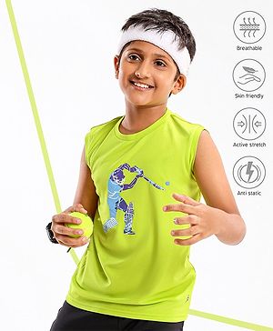 Pine Active Skin Friendly & Breathable Sleeveless Cricket Print T-Shirt - Green