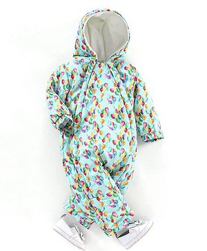 Babyhug Woven Full Sleeves Hooded Rompers Balloons Print - Blue