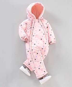 Babyhug Woven Full Sleeves Hooded Heart Print Romper - Pink