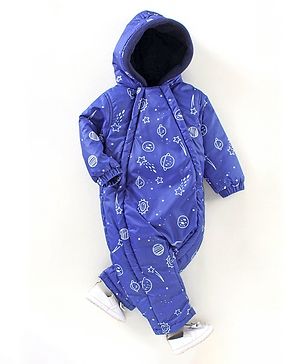 Babyhug Woven Full Sleeves Hooded Printed Romper - Blue