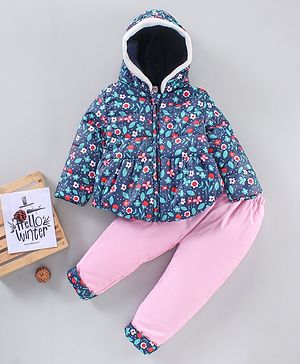 Babyhug Winter Wear Full Sleeves Hooded Padded Jacket & Lounge Pant Floral Print - Navy Blue Light Pink