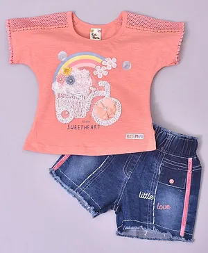 KETIMINI Short Sleeves Floral Embellished And Bicycle Embroidery Detail Top With Denim Shorts - Peach