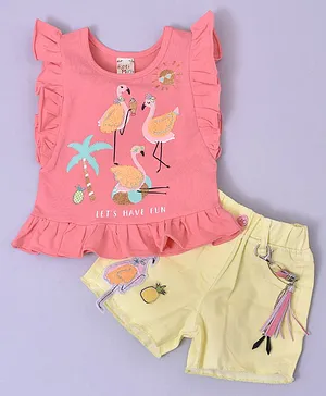 KETIMINI Frill Sleeves Flamingos Printed Top With Flamingo Patch Detail Shorts - Pink