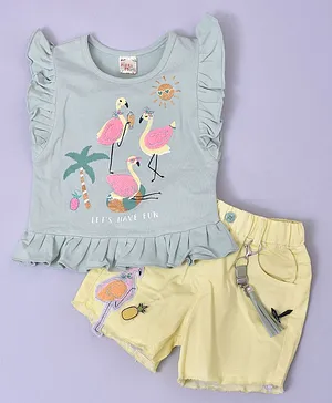 KETIMINI Frill Sleeves Flamingos Printed Top With Flamingo Patch Detail Shorts - Blue