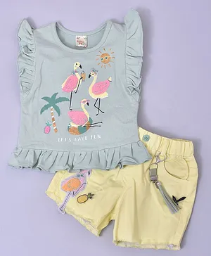 KETIMINI Frill Sleeves Flamingos Printed Top With Flamingo Patch Detail Shorts - Green