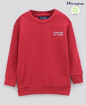 Honeyhap Premium 100% Cotton Terry Full Sleeves Biowashed Sweatshirt with Text Embroidery - Rhythmic Red