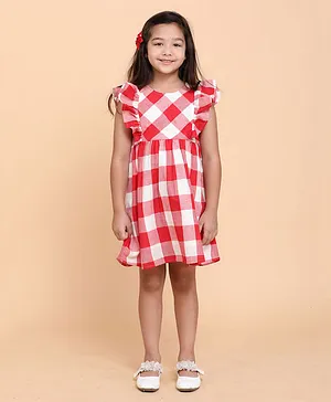Little Carrot Butterfly Cap Sleeves Chequered Dress - Red & White
