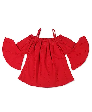 Little Carrot Off Shoulder Three Fourth Bell Sleeves Schiffli Top - Red