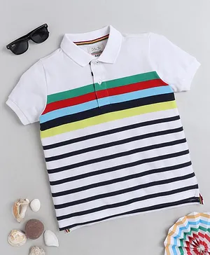 DALSI Half Sleeves Pique Striped Polo Tee - White & Multi Color