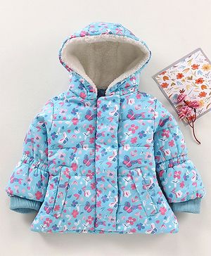 Babyhug Full Sleeves Hooded Heavy Winter Jacket Floral Print - Blue