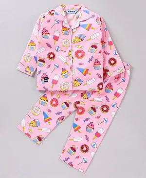 Enfance Core Ice Creams & Donuts Print Short Sleeves Night Suit - Pink