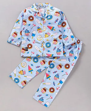 Enfance Core Ice Creams & Donuts Print Short Sleeves Night Suit - Blue