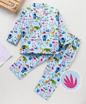 Enfance Core Animals Printed Full Sleeves Night Suit - Blue