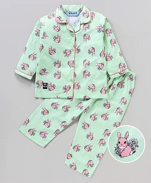 Enfance Core Full Sleeves All Over Rabbit Printed Night Suit - Pista Green