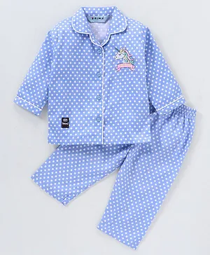 Enfance Core Full Sleeves Polka Dots Printed Unicorn Placement Embroidered Night Suit - Blue