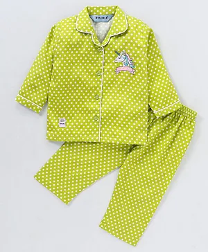 Enfance Core Full Sleeves Polka Dots Printed Unicorn Placement Embroidered Night Suit - Green