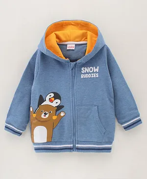 Babyhug Full Sleeves Hooded Sweatshirt Penguin And Bear Print - Blue Melange