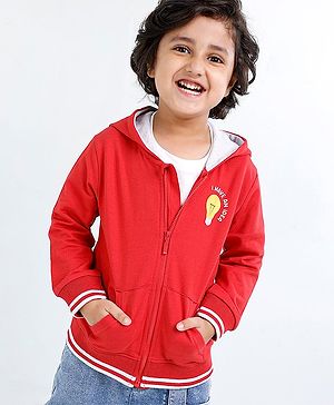 Babyhug Full Sleeves Knit Hooded Sweatshirt Text & Bulb Print - Red