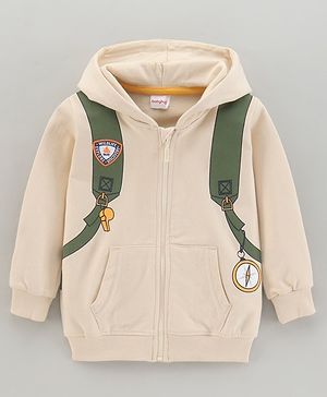Babyhug Full Sleeves Hooded Sweat Jacket With Bag Print- Beige