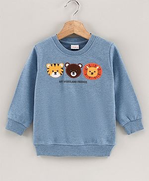 Babyhug Full Sleeves Sweatshirts Animal Face Embroidered - Blue