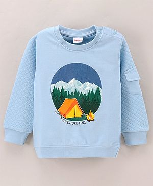 Babyhug Full Sleeves Knit Sweatshirt With Mountain Print And Pocket & Quilting at Sleeves - Blue