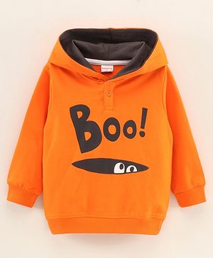 Babyhug Full Sleeves Hooded Sweatshirt Boo and Monster eye Print - Orange