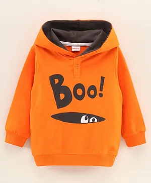 Babyhug Full Sleeves Hooded Sweatshirt Boo and Monster eye Print - Orange