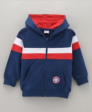 Babyhug Full Sleeves Hooded Cut & Sew Sweatshirt Captain America Shield Applique - Navy
