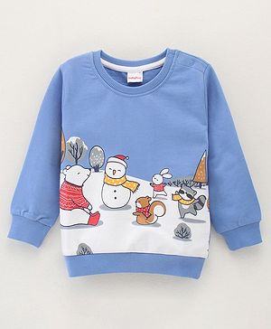 Babyhug Cotton Blend Full Sleeves Sweat Shirt Snowman Print - Blue