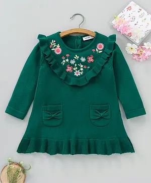Babyoye Cotton Knit Full Sleeves Embroidery With Frill Detailing - Green