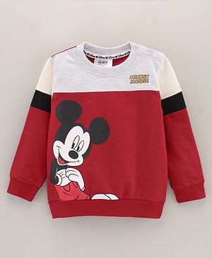 Babyhug Cotton Knit Full Sleeves Sweatshirts With Mickey Mouse Print - Red