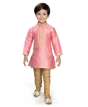 KIDS FARM Silk Full Sleeves Leaves Motif Print Kurta With Pyjama - Pink